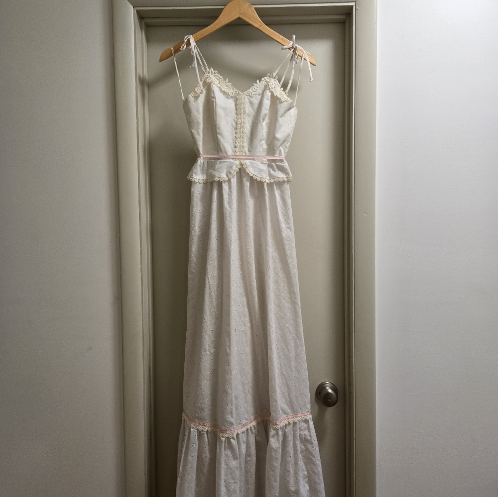 Vintage 1970s Eyelet Dress, Pink Trim | Candi Jones California